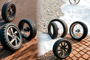 A dynamic collage of various types of wheels — including off-road tires, city bike wheels, racing slicks, winter snow tires, and all-terrain SUV wheels — arranged on different road surfaces: asphalt, gravel, mud, snow, and cobblestone, with motion blur suggesting speed and adaptability, soft natural lighting, high detail, realistic textures