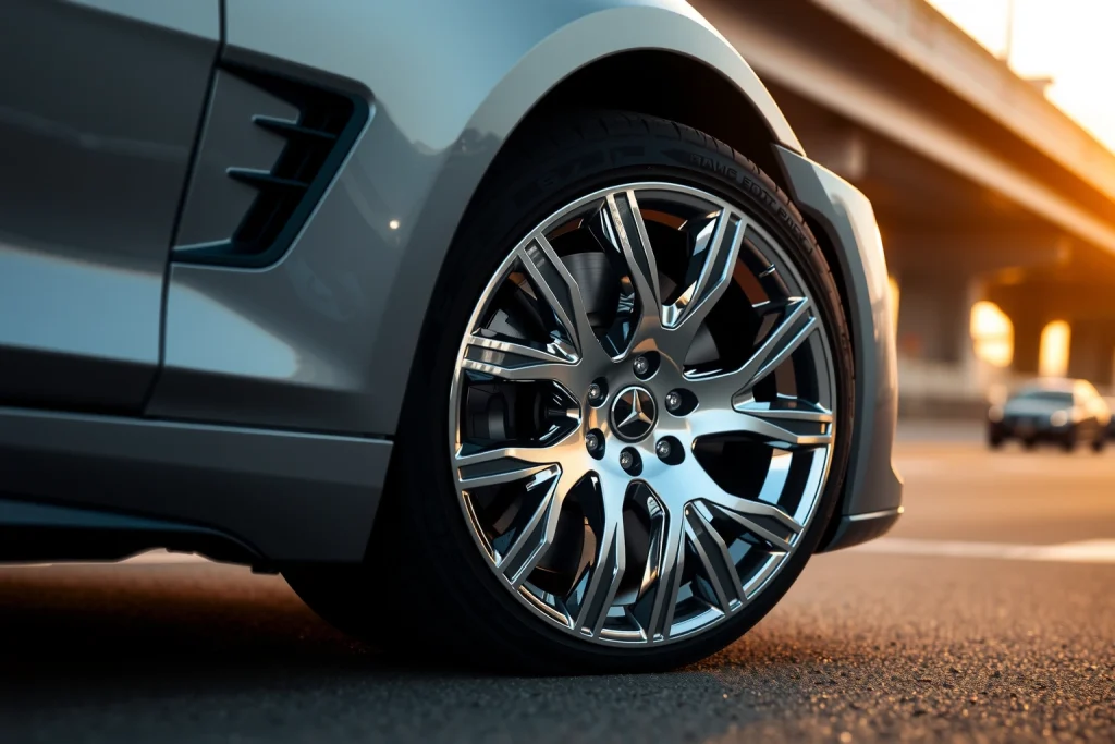 A set of stylish alloy wheels with intricate spoke designs, polished chrome finish, mounted on a sleek modern sedan, reflecting soft ambient light, with a blurred urban highway background at golden hour, emphasizing elegance and automotive sophistication