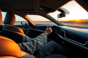 A modern, sleek car interior with premium leather seats, a futuristic digital dashboard, and soft ambient lighting, emphasizing comfort and intuitive control; the driver's hands are gently on the steering wheel, conveying confidence and ease, with a subtle view of a smooth highway through the windshield at golden hour, symbolizing unique comfort and handling with Koleso-Bestune