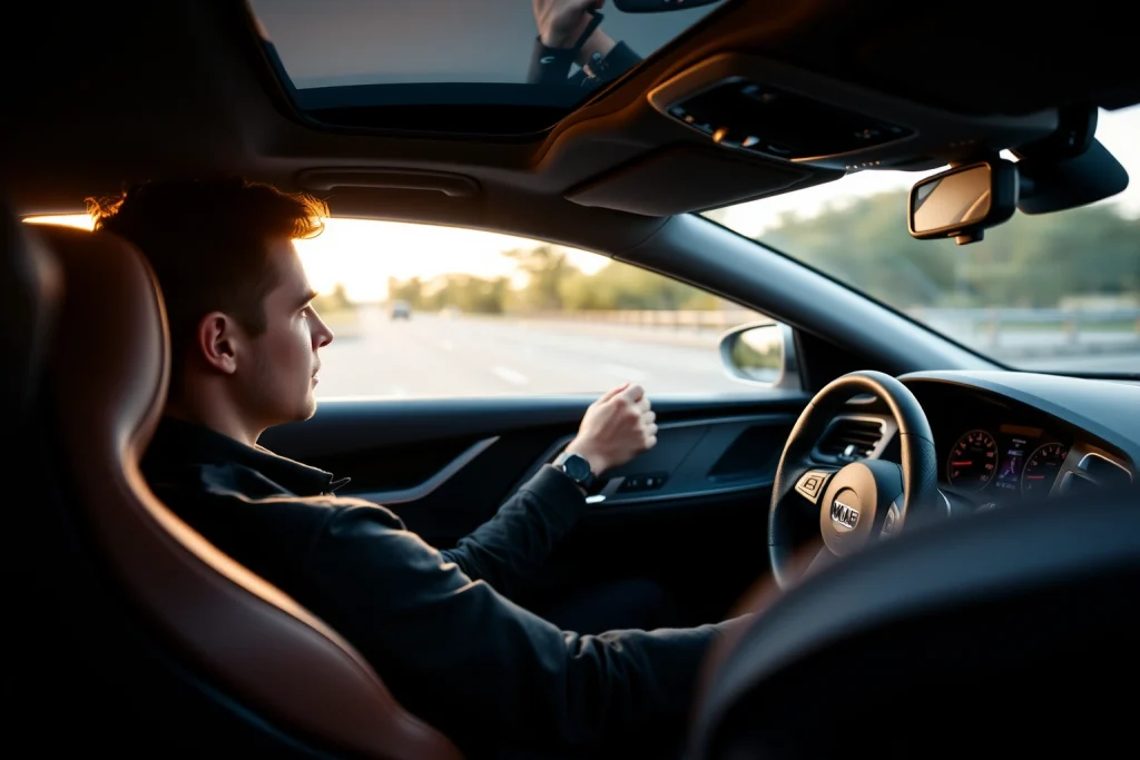 A modern, sleek driver seated in a high-performance car interior, focused on the road ahead, with subtle motion blur outside the windows to suggest speed, ambient dashboard lighting glowing softly, hands gently gripping a leather steering wheel, wearing casual yet refined driving attire, conveying confidence and precision in driving style