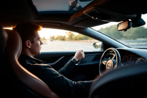A modern, sleek driver seated in a high-performance car interior, focused on the road ahead, with subtle motion blur outside the windows to suggest speed, ambient dashboard lighting glowing softly, hands gently gripping a leather steering wheel, wearing casual yet refined driving attire, conveying confidence and precision in driving style