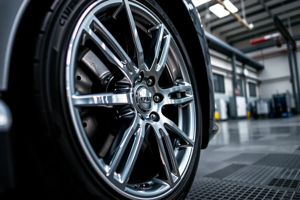 A close-up of a high-quality car wheel with intricate design, polished chrome finish, and visible tread on a premium tire, set against a clean, blurred industrial background with soft natural lighting highlighting precision engineering and durability