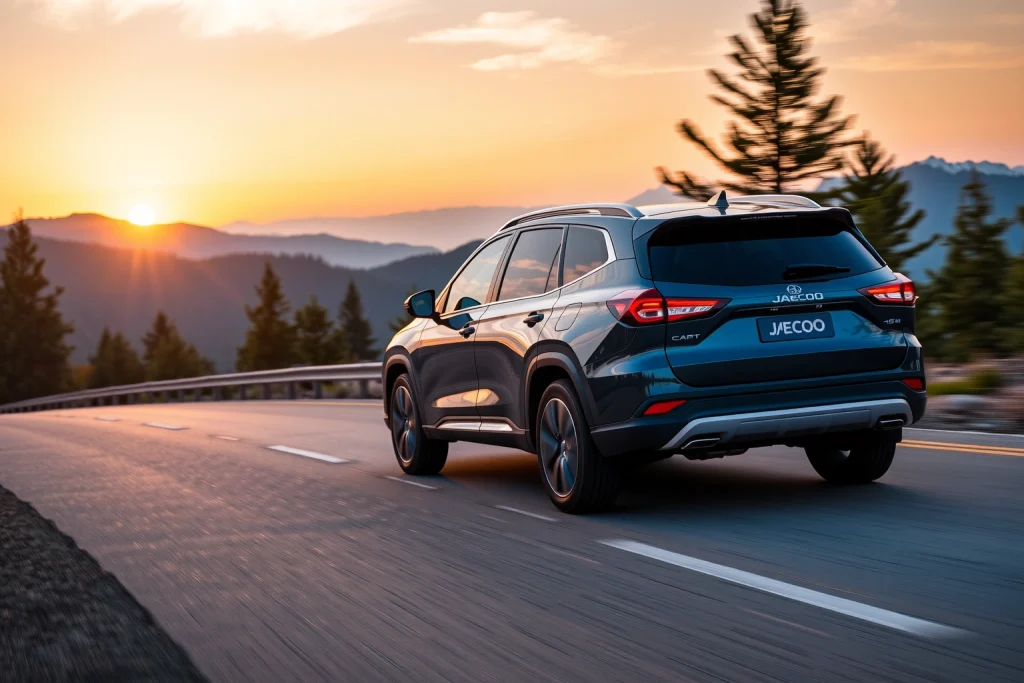 A modern Jaecoo J6 SUV driving on a scenic mountain road at sunset, with clear visibility of its sleek design, LED headlights, alloy wheels, and rugged yet elegant body lines; background features pine forests and distant snow-capped peaks under a golden sky, emphasizing the vehicle's premium off-road capability and urban sophistication