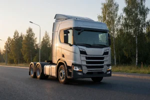 A modern used semi-tractor truck parked on a clean asphalt road in a Russian industrial area at golden hour, with subtle birch trees in the background, soft sunlight reflecting off the chrome details, realistic textures of metal and tires, no people, no text or logos visible, professional commercial vehicle photography style
