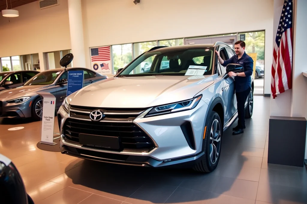 A modern car dealership showroom with a sleek imported American vehicle on display, surrounded by subtle American flag motifs and documents labeled 'Custom Order from USA', with a professional sales consultant pointing at the car's features, warm natural lighting, high detail, realistic textures