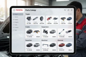A modern, clean digital interface showing a Toyota parts catalog on a tablet screen, displaying organized categories like engine, brakes, suspension, and electrical components with clear icons and part numbers, set in a bright automotive workshop background with soft natural light, a mechanic in uniform observing the screen, no text or labels visible on the image
