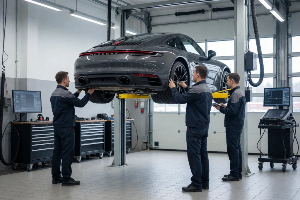 A professional automotive service center with a Porsche 911 on a lift, mechanics in uniform performing maintenance, tools and diagnostic equipment visible, clean and modern workshop environment, focus on precision engineering and luxury car care