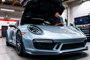A sleek, modern Porsche 911 parked in a professional automotive service garage with bright overhead lighting, a mechanic in a clean uniform inspecting the engine bay, tools neatly arranged on a workbench, and a digital dashboard displaying performance metrics; the scene conveys precision, luxury, and meticulous maintenance